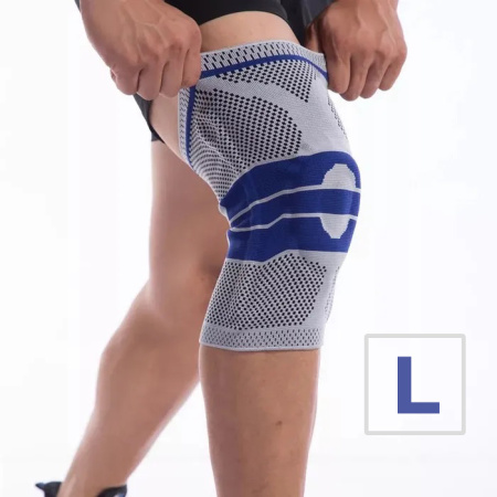 Фиксатор коленного сустава с силиконовой вставкой и пружинной опорой - бандаж на колено - ортопедический эластичный наколенник - спортивная компрессионная нескользящая поддержка для колена, размер L, серо-синий