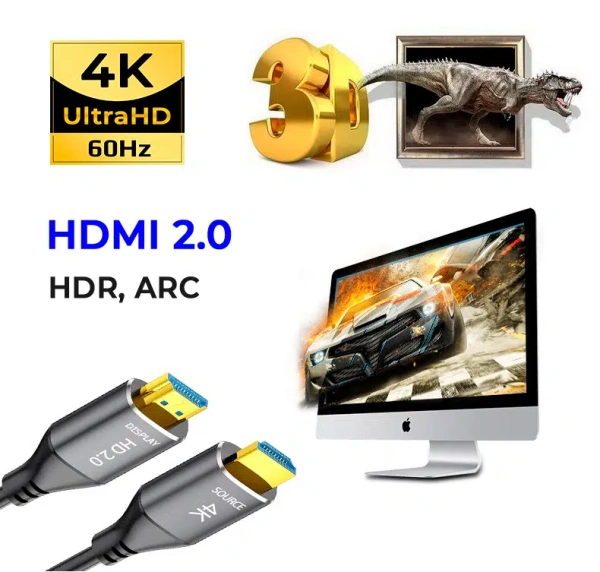 Кабель оптический HDMI v2.0 Optical UltraHD 4K 60Гц, поддержка HDR, ARC, 18 Гбит/с, 2 метра, черный