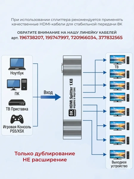 Сплиттер - разветвитель 1×8 HDMI v2.1 – 8K 60Гц / 4K 120Гц, 48 Гбит/с, HDCP 2.3, HDR, VRR, алюминий