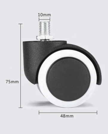 Мебельное прорезиненное колесо для кресла - полиуретановый ролик для офисного стула на резьбе M10 (10*15 мм), белый