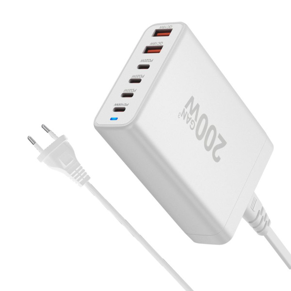 Настольное зарядное устройство - зарядная станция на 6 портов 200W USB-C / USB mod. 1006P200WW, быстрая зарядка, пластик, белый