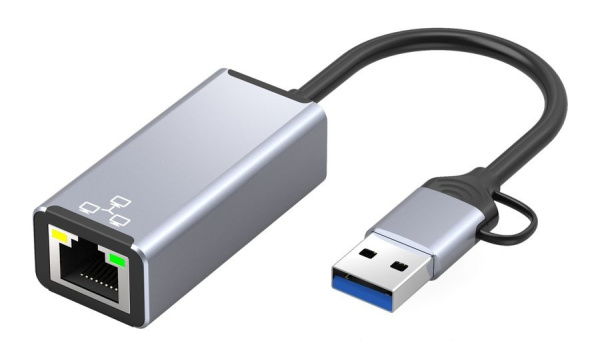 Адаптер - переходник USB Type-C / USB Type-A - RJ45 (LAN) до 1000 Мбит/с, серый Адаптер - переходник USB Type-C / USB Type-A - RJ45 (LAN) до 1000 Мбит/с, серый