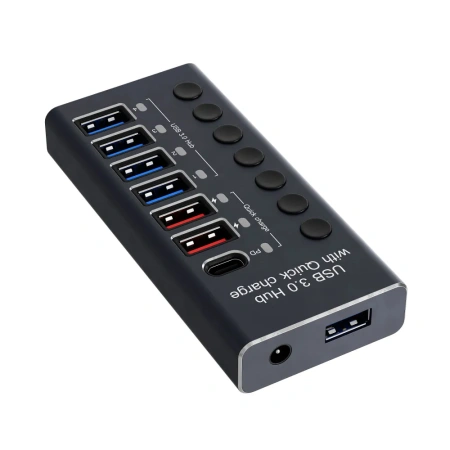 Хаб - концентратор USB3.0 / USB-C 7 портов mod. 985D-7, до 5 Гбит/с, активный 12V3A с кнопками, быстрая зарядка, алюминиевый корпус
