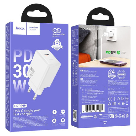 Зарядное устройство сетевое - блок питания HOCO N70, USB Type-C PD30W, белый
