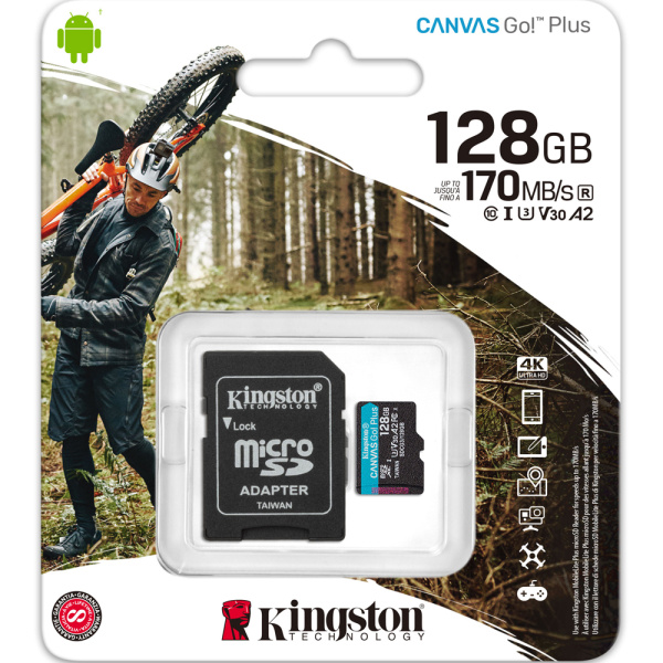 Карта памяти MicroSDXC 128GB Kingston Canvas Go! Plus A2, V30, UHS-I Class 3 (U3), класс 10, SD-адаптер Карта памяти MicroSDXC 128GB Kingston Canvas Go! Plus A2, V30, UHS-I Class 3 (U3), класс 10, SD-адаптер