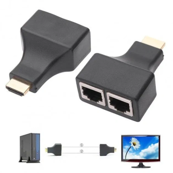 Удлинитель сигнала HDMI по витой паре 2x RJ45 (LAN) до 30 метров, пассивный, комплект, черный Удлинитель сигнала HDMI по витой паре 2x RJ45 (LAN) до 30 метров, пассивный, комплект, черный