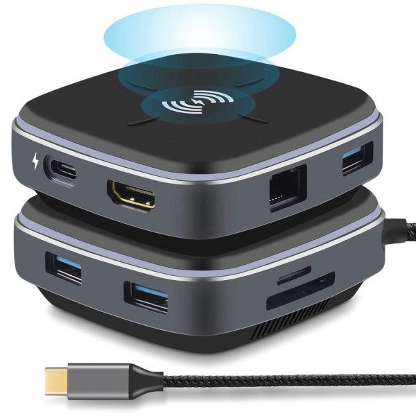 Адаптер - док-станция 9in1 USB3.1 Type-C на RJ45 (LAN) - HDMI 4K - 3x USB3.0 - USB3.1 Type-C - SD/TF - беспроводное ЗУ Адаптер - док-станция 9in1 USB3.1 Type-C на RJ45 (LAN) - HDMI 4K - 3x USB3.0 - USB3.1 Type-C - SD/TF - беспроводное ЗУ