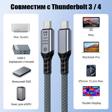 Кабель USB4.0 Type-C чип E-Marker, 8K 60Гц / 4K 144Гц, 40 Гбит/с, PD 240W (48V/5A), поддержка Thunderbolt 3/4, 0,5 метра