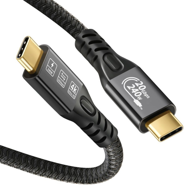 Кабель USB3.2 Type-C чип E-Marker, 4K 60Гц, PD 240W (48V/5A), 20 Гбит/с, экранирование, оплетка, 2 метра