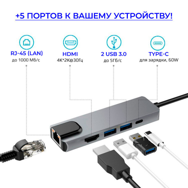 Адаптер - переходник - хаб 5in1 USB3.1 Type-C на HDMI - 2x USB3.0 - USB3.1 Type-C - RJ45 (LAN) до 1000 Мбит/с, серый Адаптер - переходник - хаб 5in1 USB3.1 Type-C на HDMI - 2x USB3.0 - USB3.1 Type-C - RJ45 (LAN) до 1000 Мбит/с, серый