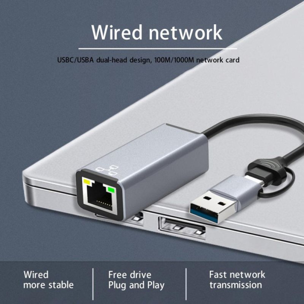Адаптер - переходник USB Type-C / USB Type-A - RJ45 (LAN) до 1000 Мбит/с, серый Адаптер - переходник USB Type-C / USB Type-A - RJ45 (LAN) до 1000 Мбит/с, серый