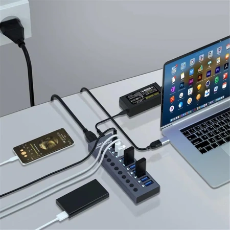 Хаб - концентратор USB3.0 / USB-C 10 портов mod. 985C-10, до 5 Гбит/с, активный 12V5A с кнопками, быстрая зарядка, алюминиевый корпус