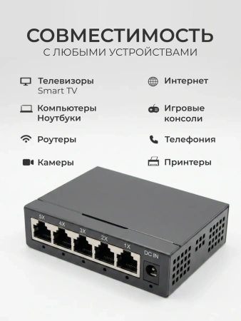 Сетевой свитч – LAN разветвитель – хаб RJ45 на 5 портов, 10/100/1000 Мбит/с, металлический корпус, черный