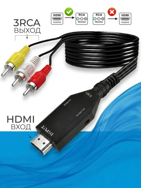 Кабель - переходник HDMI на RCA (AV) ver.02, черный