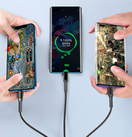 Универсальный зарядный кабель 3-в-1 USB Type-C - Lightning - MicroUSB, 5А, 1.2 метра, черный