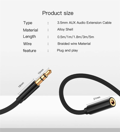 Кабель jack 3.5mm (AUX), папа-мама, 1 метр, ткань, черный