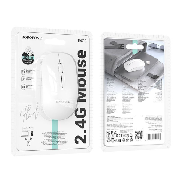 Мышь беспроводная Borofone BG14, 2,4G, 1000dpi, белый Мышь беспроводная Borofone BG14, 2,4G, 1000dpi, белый