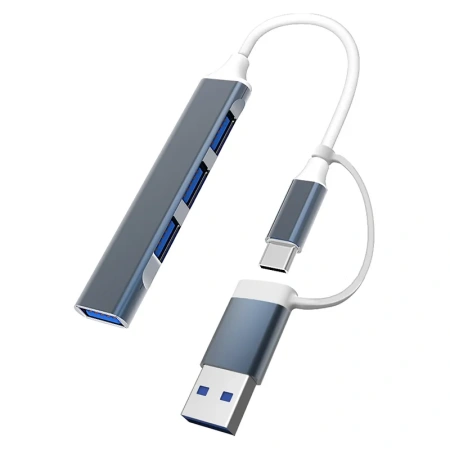 Адаптер - хаб USB3.0 Type-A/USB3.1 Type-C на USB3.0 - 3x USB2.0, серый