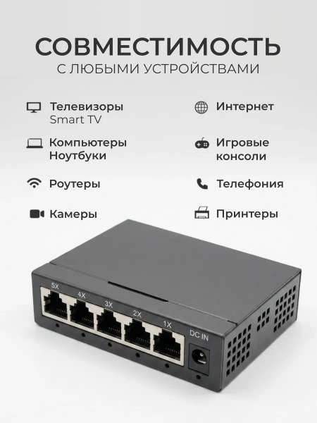 Сетевой свитч – LAN разветвитель – хаб RJ45 на 5 портов, 10/100 Мбит/с, металлический корпус, черный