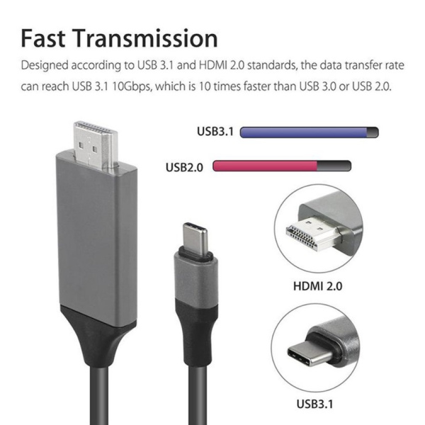 Кабель USB3.1 Type-C - HDMI, UltraHD 4K, 2 метра, черный Кабель USB3.1 Type-C - HDMI, UltraHD 4K, 2 метра, черный