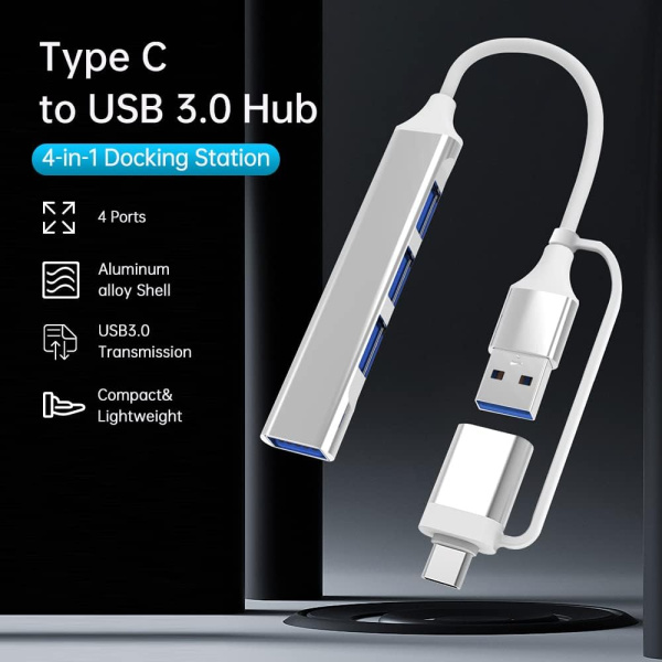 Адаптер - хаб USB3.1 Type-C/USB3.0 Type-A на USB3.0 - 3x USB2.0, серебро Адаптер - хаб USB3.1 Type-C/USB3.0 Type-A на USB3.0 - 3x USB2.0, серебро