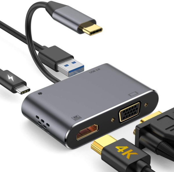 Адаптер - переходник USB3.1 Type-C - HDMI - VGA - USB3.0 - USB3.1 Type-C, серый Адаптер - переходник USB3.1 Type-C - HDMI - VGA - USB3.0 - USB3.1 Type-C, серый