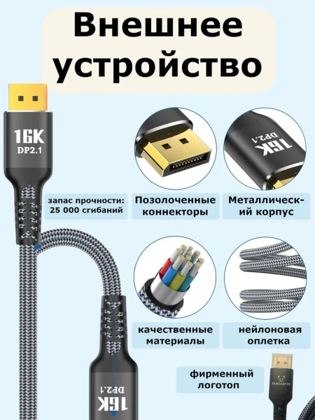Кабель DisplayPort - DisplayPort v2.1 16K30Hz / 8K60Hz / 4K240Hz, 80Gps, 12bit, папа-папа, 3 метра, в оплетке, серый
