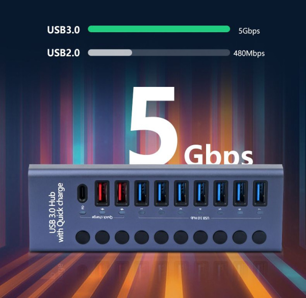 Хаб - концентратор USB3.0 / USB-C 10 портов mod. 985C-10, до 5 Гбит/с, активный 12V5A с кнопками, быстрая зарядка, алюминиевый корпус