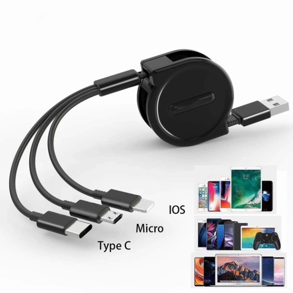 Универсальный зарядный кабель 3-в-1 USB Type-C - Lightning - MicroUSB с боксом для скрутки, 2А, 1 метр, черный Универсальный зарядный кабель 3-в-1 USB Type-C - Lightning - MicroUSB с боксом для скрутки, 2А, 1 метр, черный