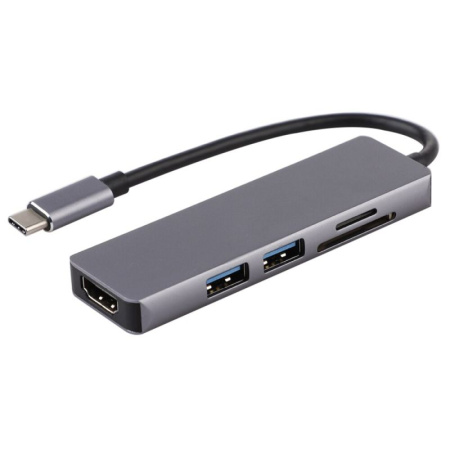 Адаптер - переходник - хаб 5in1 USB3.1 Type-C на HDMI - 2x USB3.0 - картридер TF/SD, серый