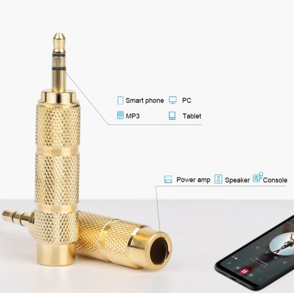 Адаптер - переходник jack 3.5mm (AUX) - jack 6.5mm, золото Адаптер - переходник jack 3.5mm (AUX) - jack 6.5mm, золото