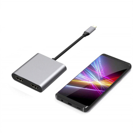 Адаптер - переходник USB3.1 Type-C - 2х HDMI - USB3.0 - USB3.1 Type-C, серый