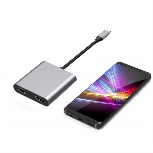 Адаптер - переходник USB3.1 Type-C - 2х HDMI - USB3.0 - USB3.1 Type-C, серый Адаптер - переходник USB3.1 Type-C - 2х HDMI - USB3.0 - USB3.1 Type-C, серый