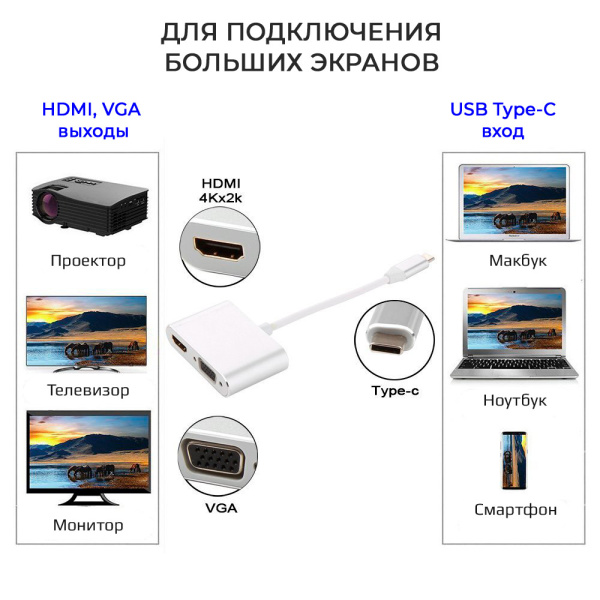 Адаптер - переходник USB3.1 Type-C - HDMI - VGA, серебро Адаптер - переходник USB3.1 Type-C - HDMI - VGA, серебро
