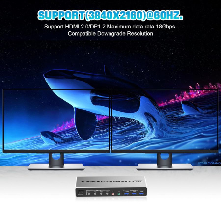 Адаптер - KVM-переключатель 4×2 HDMI v2.0 – 4K 60Гц, USB3.0, jack 3.5 мм + MIC, алюминий