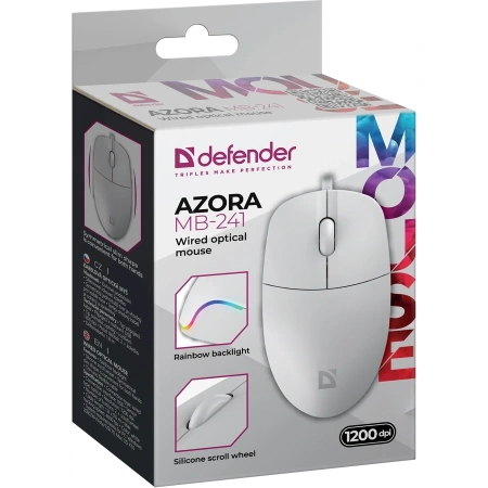 Мышь проводная оптическая Defender Azora MB-241, 1200dpi, белый