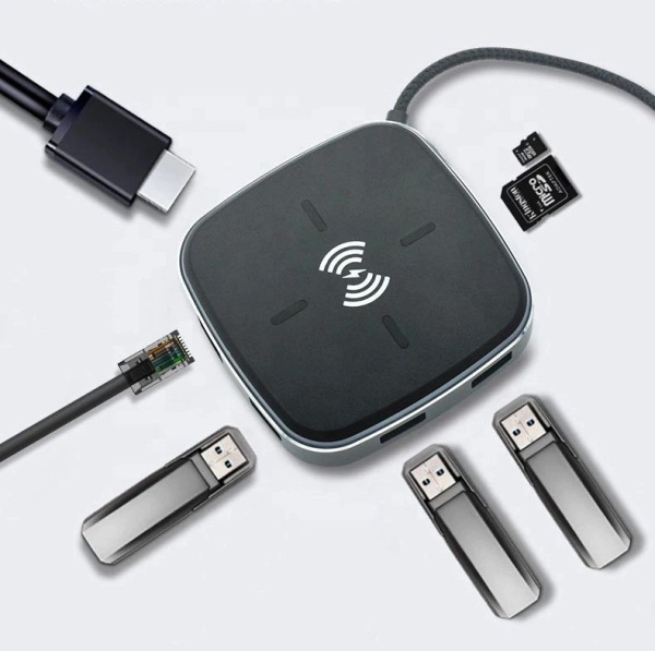 Адаптер - док-станция 9in1 USB3.1 Type-C на RJ45 (LAN) - HDMI 4K - 3x USB3.0 - USB3.1 Type-C - SD/TF - беспроводное ЗУ Адаптер - док-станция 9in1 USB3.1 Type-C на RJ45 (LAN) - HDMI 4K - 3x USB3.0 - USB3.1 Type-C - SD/TF - беспроводное ЗУ