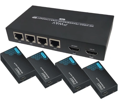 Разветвитель, сплиттер HDMI 1x4 FullHD 1080p до 200 метров - удлинитель сигнала по витой паре RJ45 UTP (LAN), активный, комплект, черный