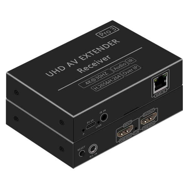 Приемник удлинителя сигнала HDMI по витой паре RJ45 до 200 метров, UltraHD 4K@30Hz H.265 Over IP, черный Приемник удлинителя сигнала HDMI по витой паре RJ45 до 200 метров, UltraHD 4K@30Hz H.265 Over IP, черный