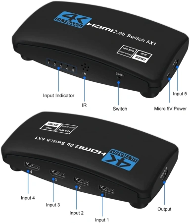 Адаптер - переключатель - свитч 5×1 HDMI 2.0b UltraHD 4K 60Гц, HDCP 2.2, пульт ДУ, активный, черный