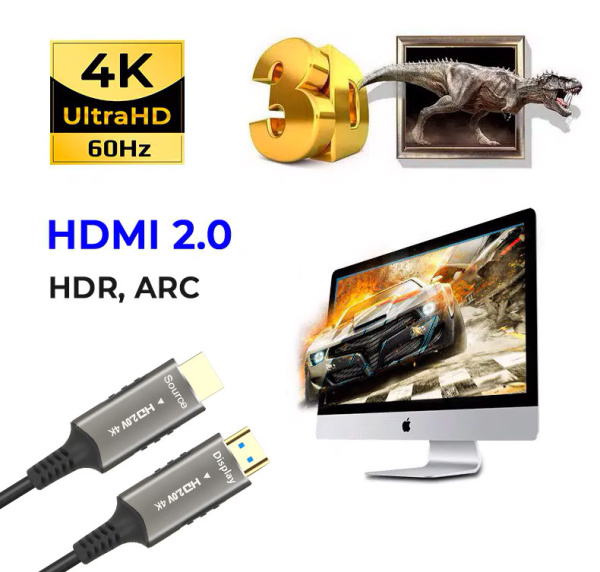 Кабель оптический HDMI v2.0 Optical UltraHD 4K 60Гц, поддержка HDR, ARC, 18 Гбит/с, 50 метров, черный Кабель оптический HDMI v2.0 Optical UltraHD 4K 60Гц, поддержка HDR, ARC, 18 Гбит/с, 50 метров, черный