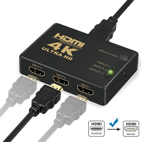Адаптер - переключатель - свитч 3×1 HDMI, UltraHD 4K 3D, пульт, внешний ИК-датчик, активный, черный Адаптер - переключатель - свитч 3×1 HDMI, UltraHD 4K 3D, пульт, внешний ИК-датчик, активный, черный