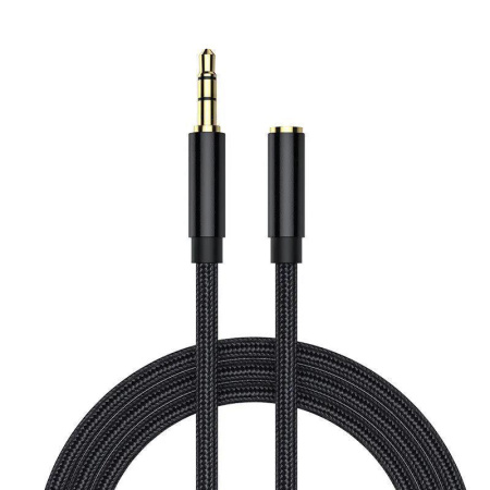 Кабель jack 3.5mm (AUX), папа-мама, 1 метр, ткань, черный