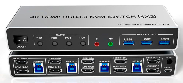 Адаптер - KVM-переключатель 4×2 HDMI v2.0 – 4K 60Гц, USB3.0, jack 3.5 мм + MIC, алюминий