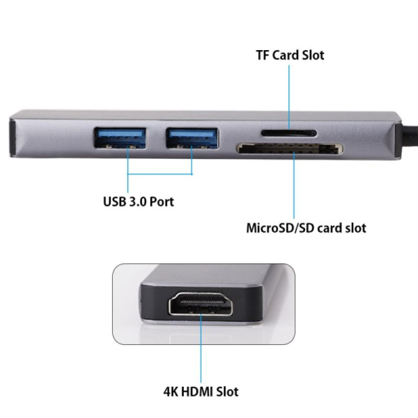 Адаптер - переходник - хаб 5in1 USB3.1 Type-C на HDMI - 2x USB3.0 - картридер TF/SD, серый Адаптер - переходник - хаб 5in1 USB3.1 Type-C на HDMI - 2x USB3.0 - картридер TF/SD, серый