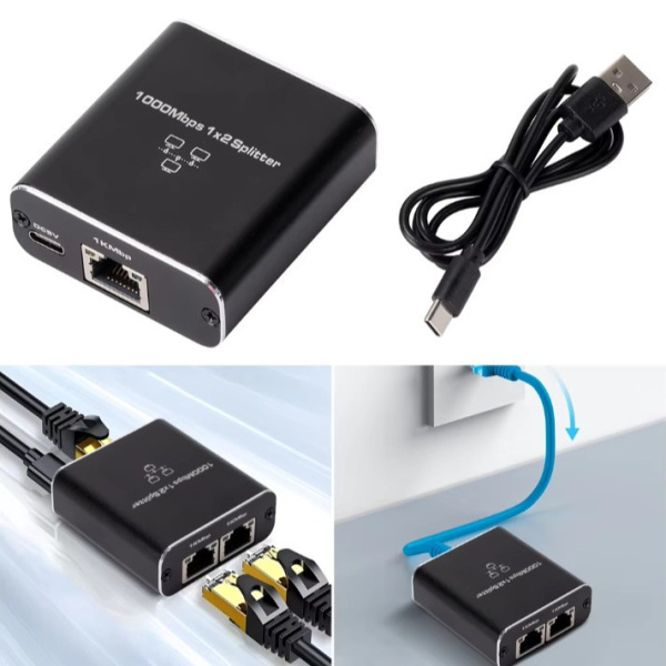 Cплиттер - разветвитель 1×2 RJ45 1000 Мбит/с, активный, черный Cплиттер - разветвитель 1×2 RJ45 1000 Мбит/с, активный, черный