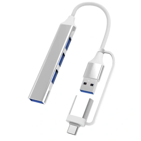 Адаптер - хаб USB3.1 Type-C/USB3.0 Type-A на USB3.0 - 3x USB2.0, серебро