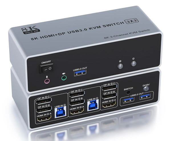 Адаптер – KVM-переключатель 2x3 HDMI 2.1 + DisplayPort 1.4 – 8K 60Гц / 4K 240Гц, USB3.0, jack 3.5мм + MIC, алюминий